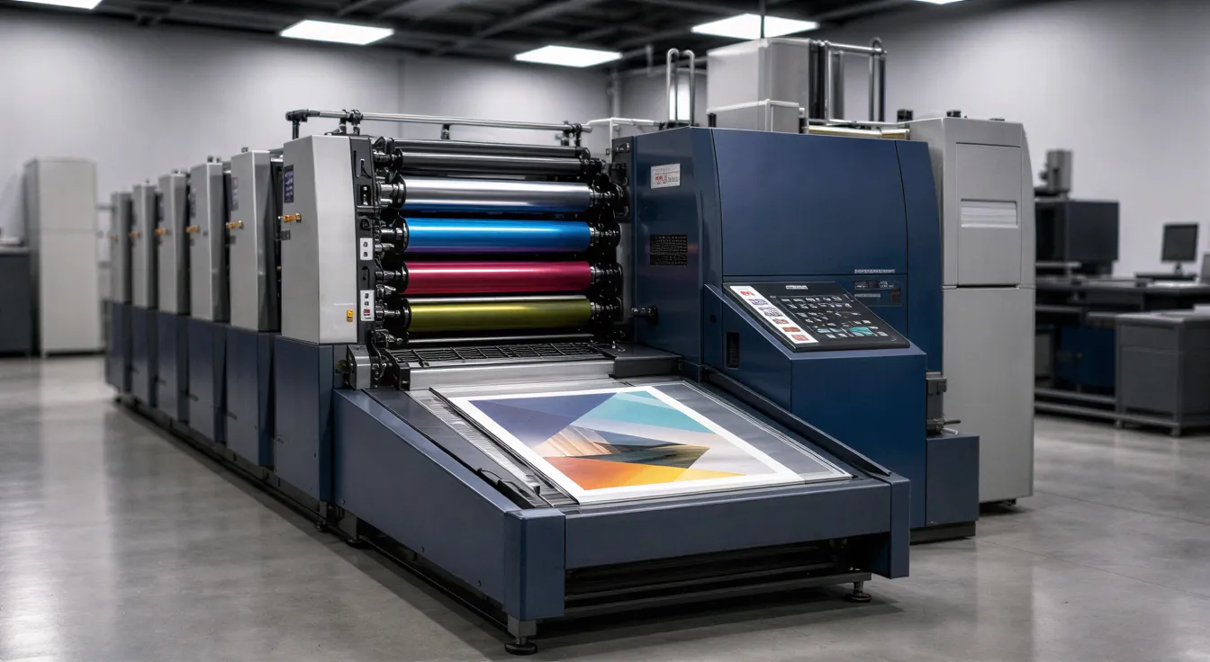 Eine moderne Offsetdruckmaschine in einer sauberen Werkstatt mit einer frisch gedruckten Broschüre auf dem Ausgabetablett.