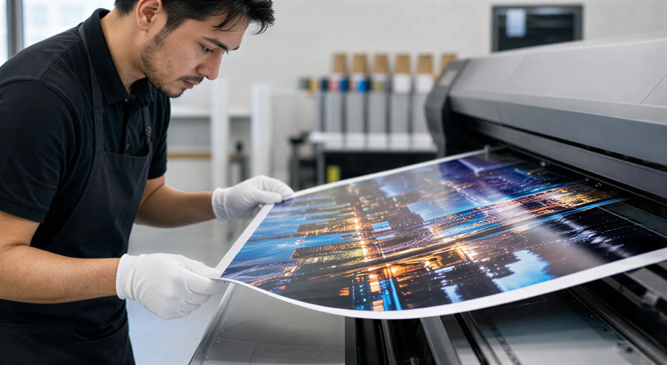 Ein Drucktechniker prüft ein frisch gedrucktes, farbiges Flugblatt an einer Großformatdruckmaschine.