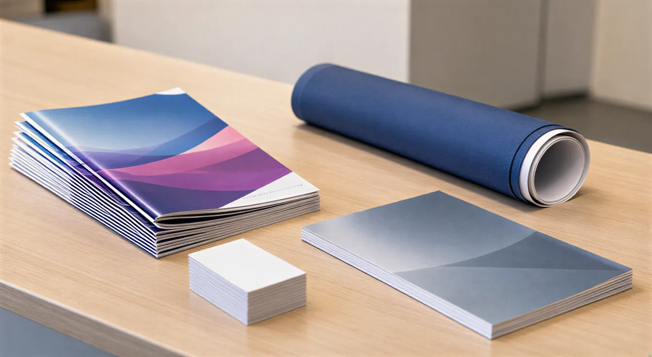 Gedruckte Werbematerialien wie Flyer und Visitenkarten liegen auf einem modernen Schreibtisch.