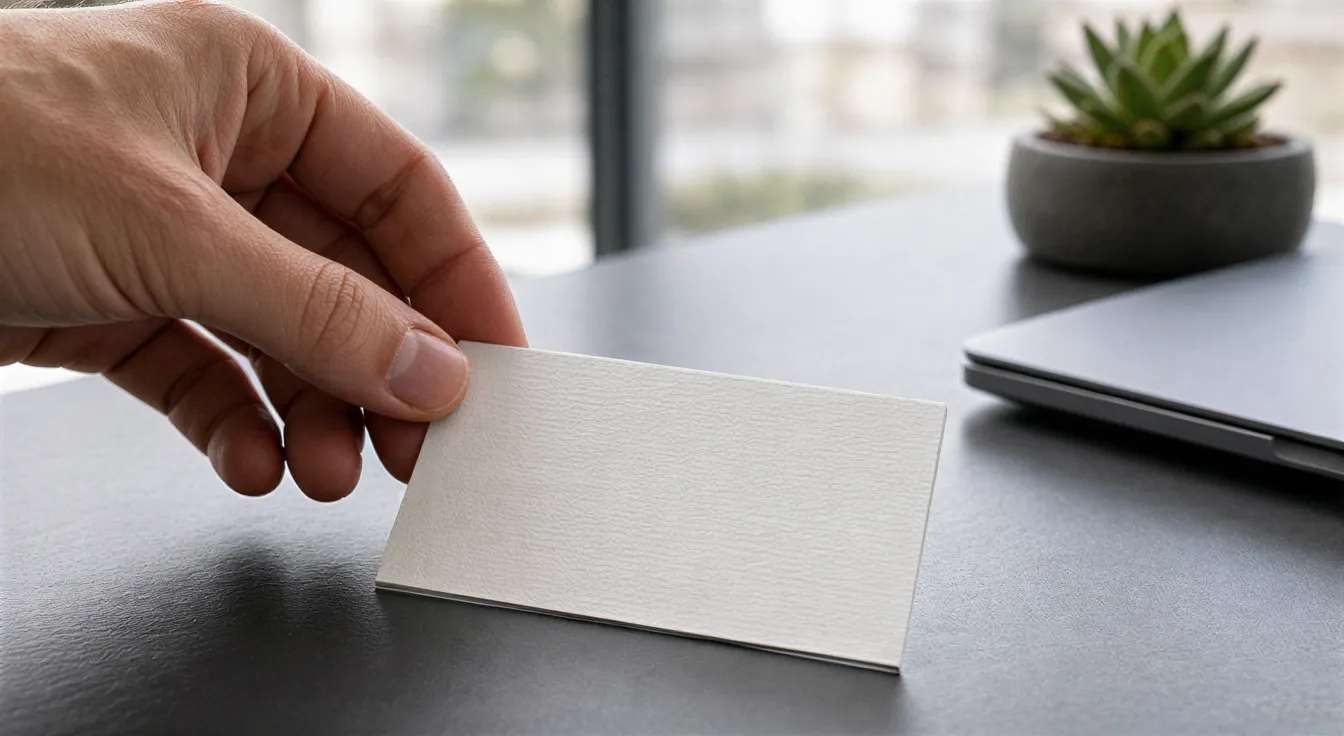 Eine Hand legt eine frisch gedruckte Visitenkarte auf einen minimalistischen Schreibtisch in einem modernen Büro.