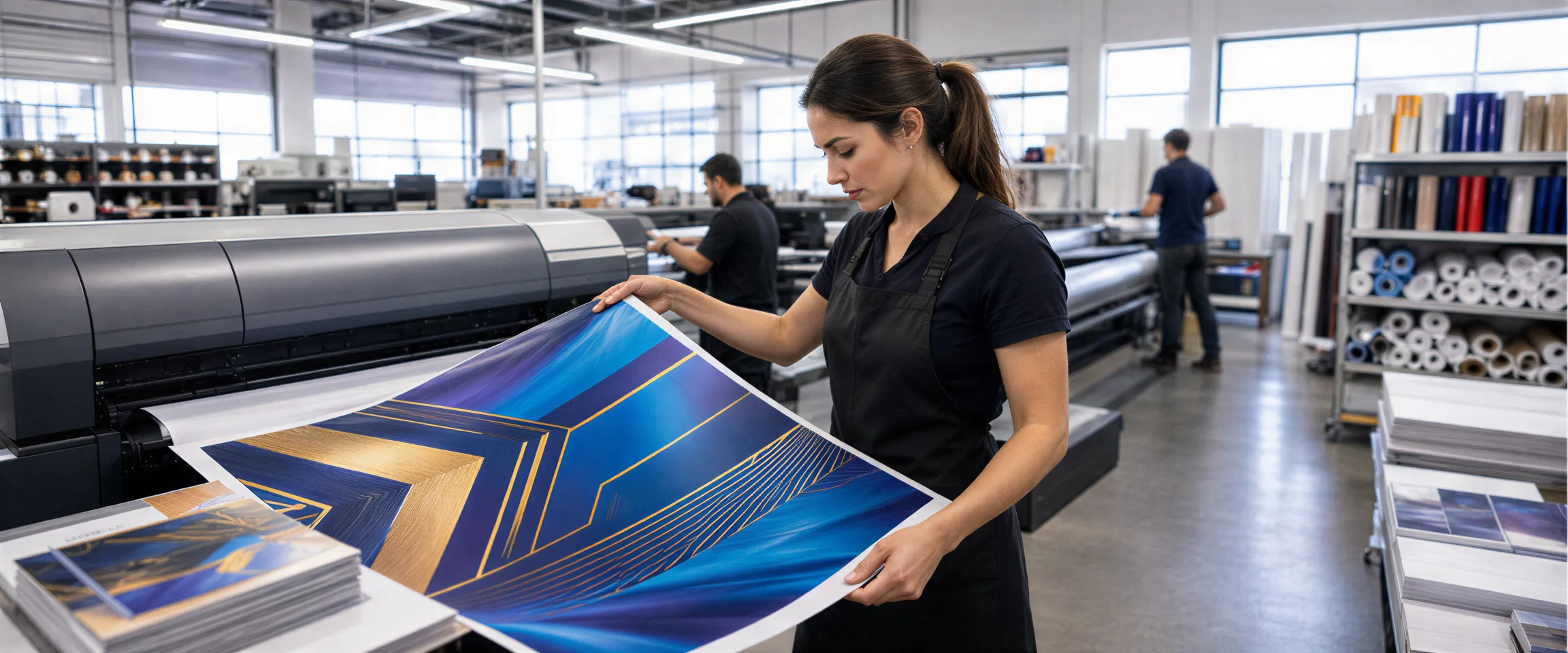 Eine Drucktechnikerin prüft ein farbenfrohes Banner in einer geschäftigen modernen Druckerei, während Kollegen im