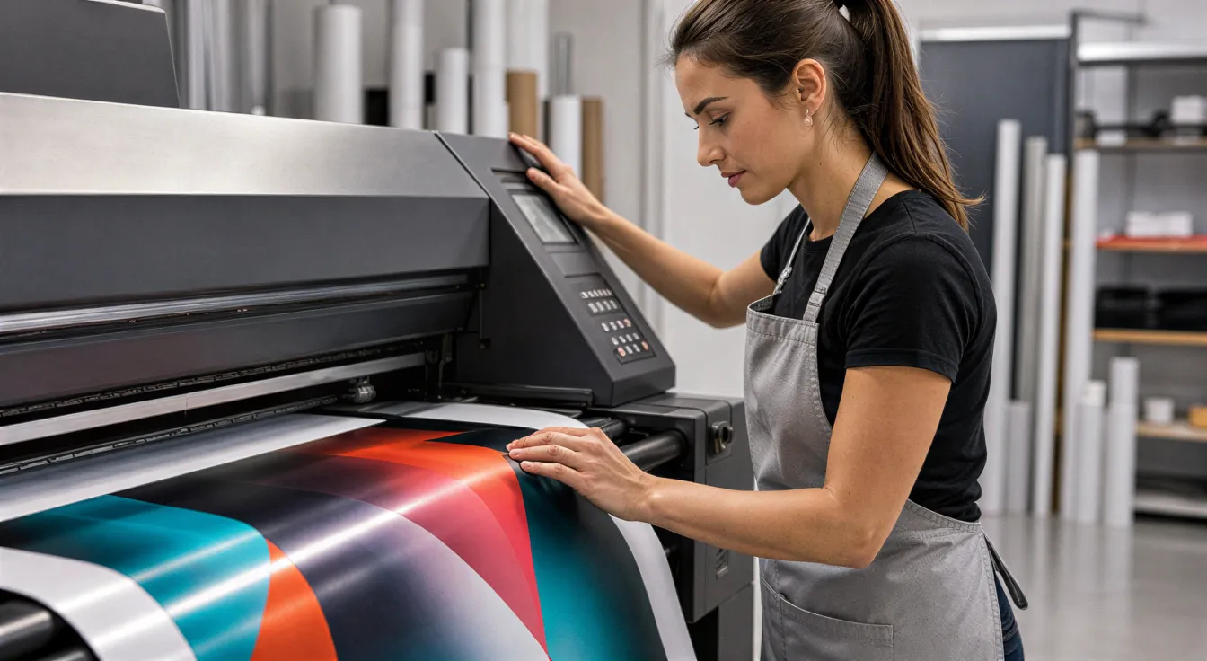 Eine Drucktechnikerin bedient eine Großformat-Digitaldruckmaschine, während ein farbenfrohes Banner aus der Maschine gleitet.