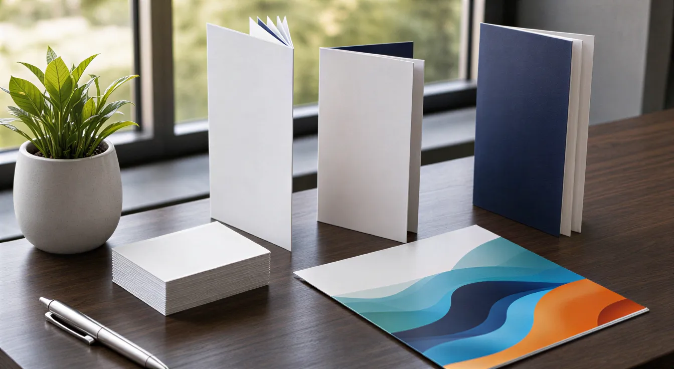 Ein minimalistischer Empfangstisch mit gedruckten Materialien wie Visitenkarten, Broschüren und einer Topfpflanze.
