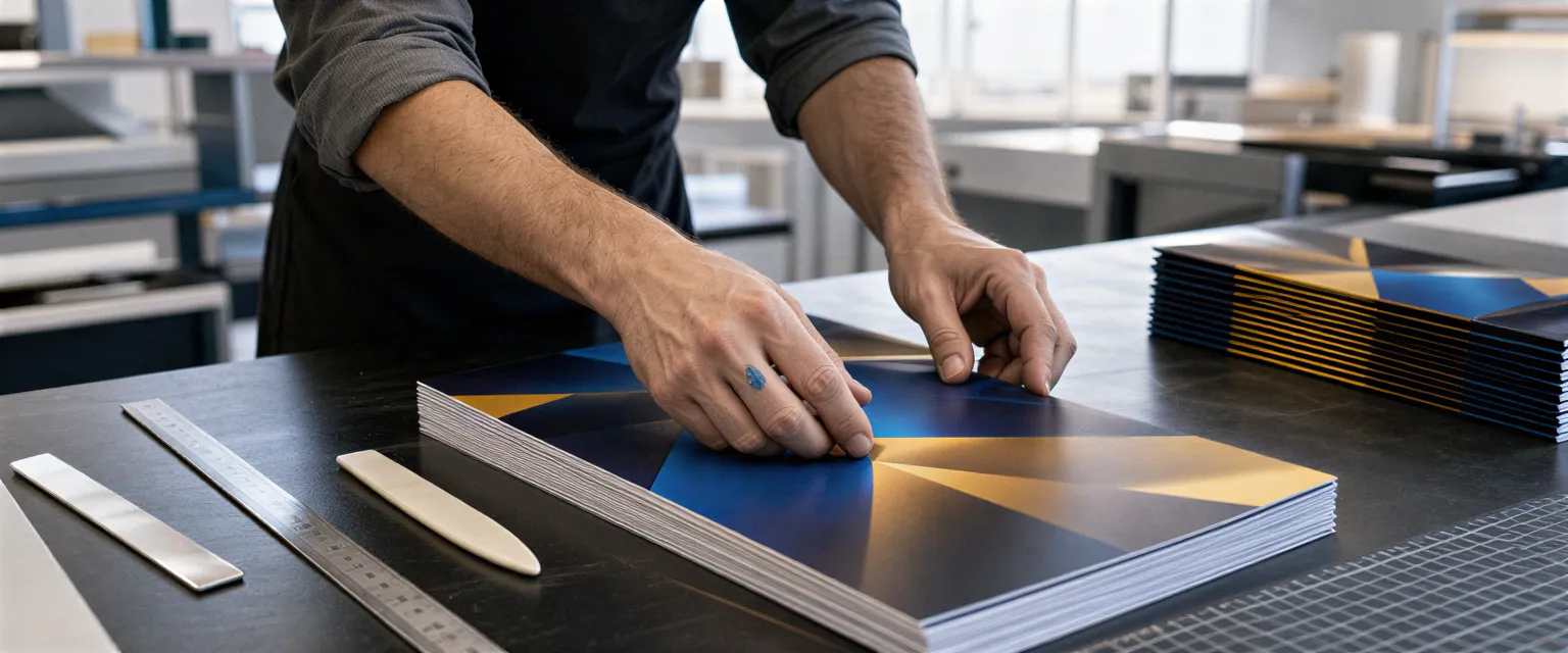 Geschickte Hände eines Handwerkers richten frisch gedruckte, farbintensive Broschüren auf einem großen Arbeitstisch aus.