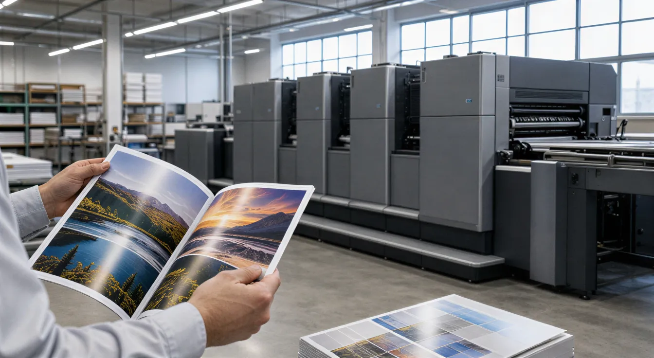 Ein Arbeiter prüft eine farbenfrohe Broschüre neben einer modernen Digitaldruckmaschine in einer sauberen Druckerei.