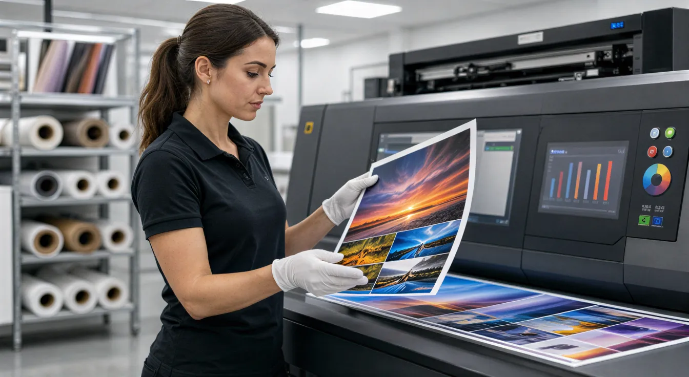 Eine Druckerin prüft ein frisch gedrucktes, farbenfrohes Flugblatt an einer modernen Digitaldruckmaschine.