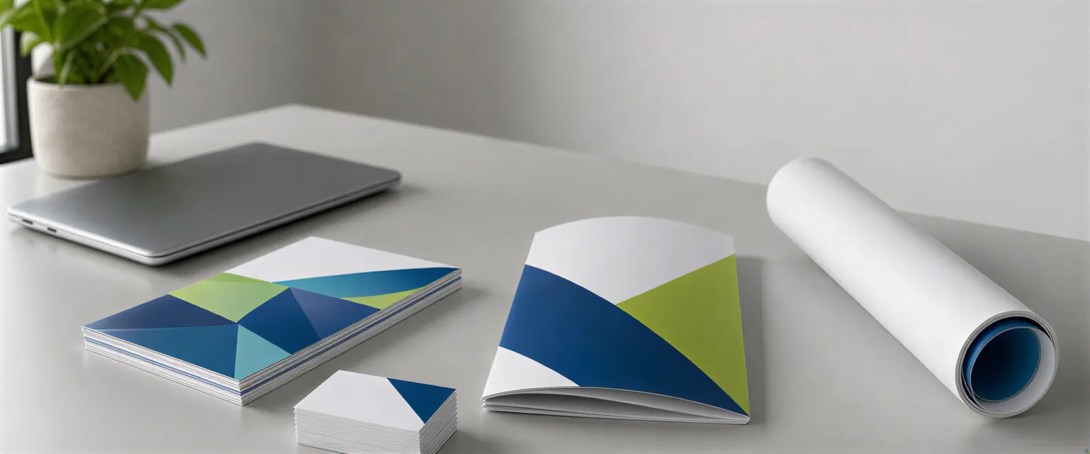 Ein minimalistischer Schreibtisch mit frisch gedruckten Marketingmaterialien wie Flyern, Visitenkarten und einem Banner.