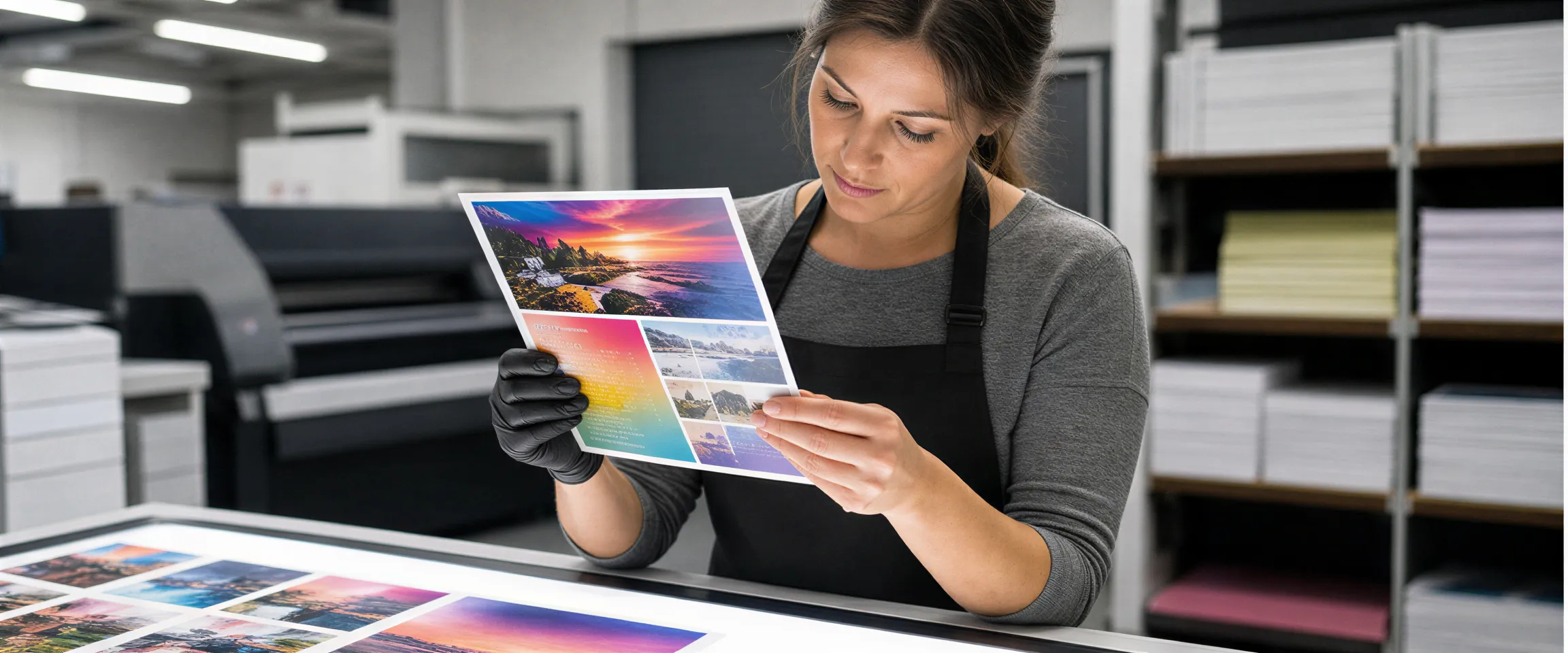 Eine Drucktechnikerin prüft sorgfältig die Qualität eines farbigen Flyers an einem Inspektionstisch.