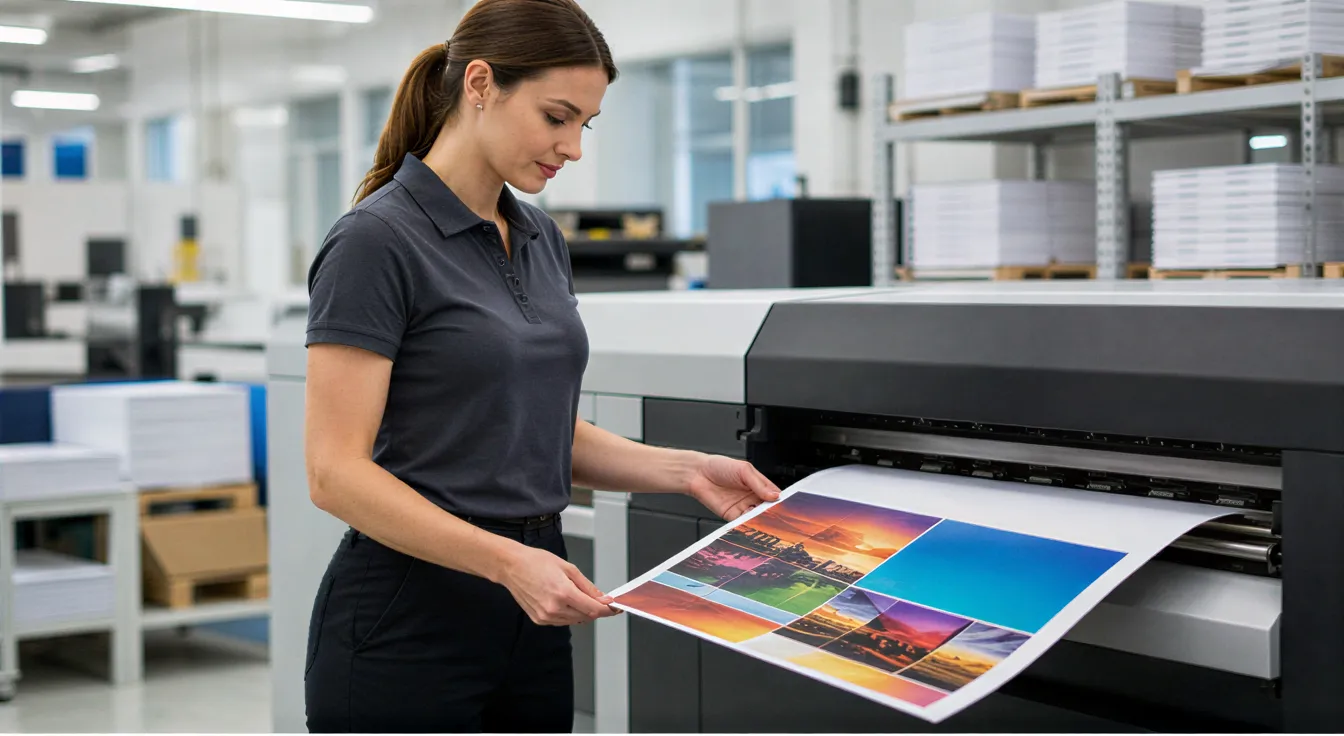 Eine Fachkraft bedient eine digitale Druckmaschine in einer modernen Druckerei.