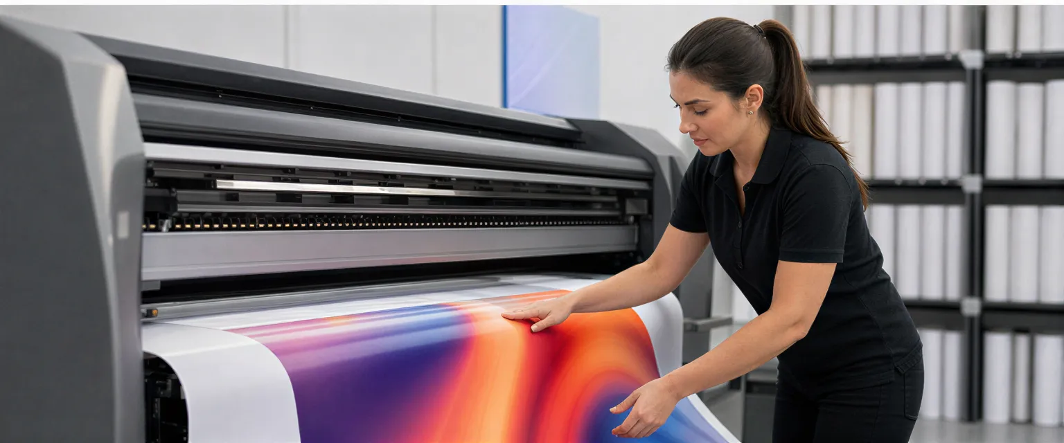 Eine Drucktechnikerin bedient eine Großformat-Digitaldruckmaschine in einer modernen Werkstatt.