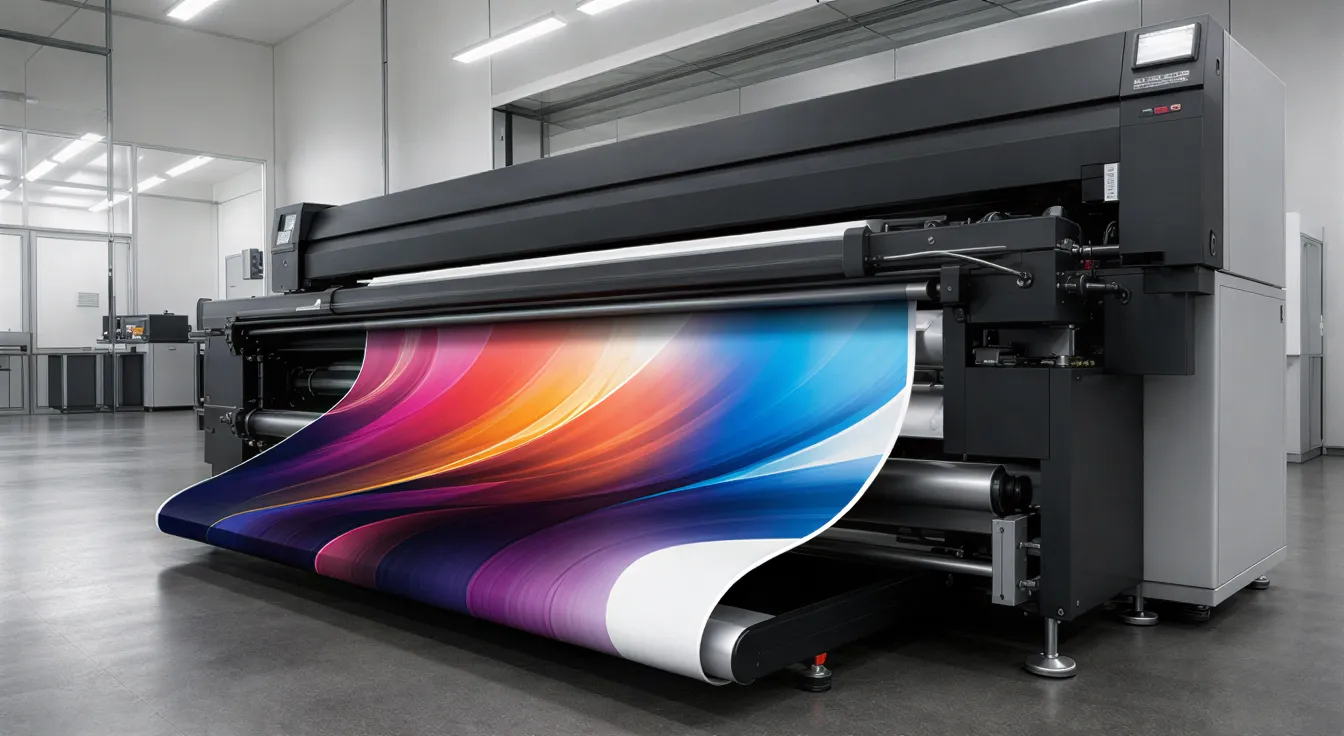Ein Großformatdrucker druckt ein farbenfrohes Banner auf glänzendes Papier in einer sauberen, modernen Druckerei.