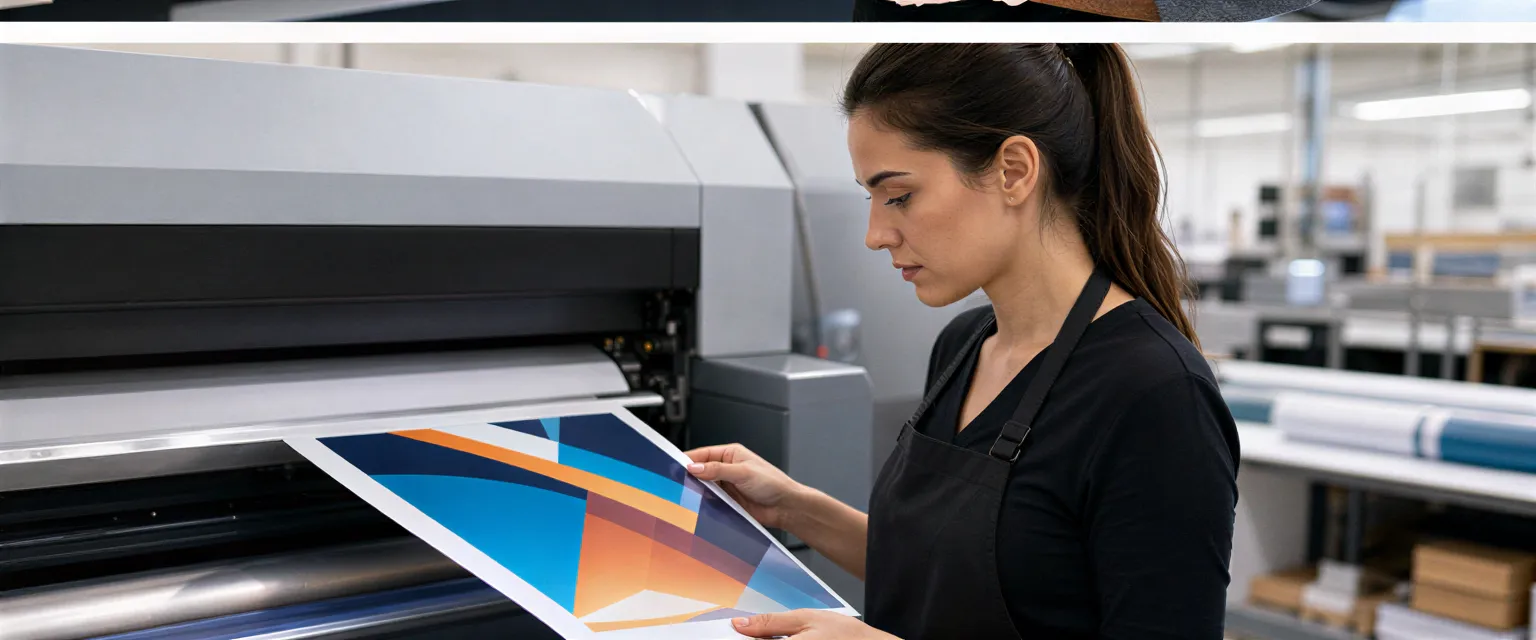 Eine Drucktechnikerin prüft ein farbenfrohes Flugblatt an einer großen Digitaldruckmaschine in einer modernen Werkstatt.