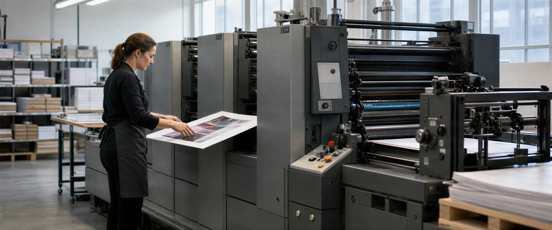 Eine Druckerin in Stuttgart prüft ein frisch gedrucktes Blatt an einer großen Offsetmaschine in einer hellen Werkstatt.