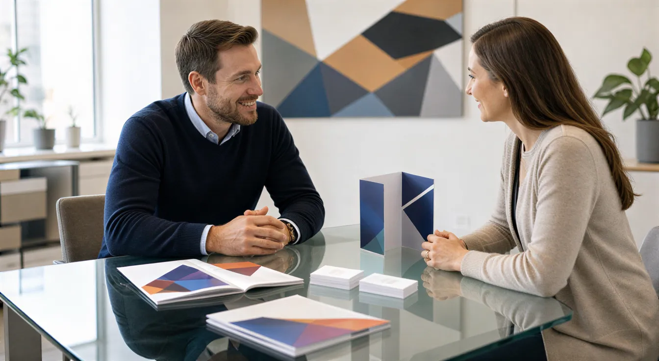 Ein Berater und ein Kunde besprechen Marketingmaterialien an einem glasernen Tisch in einem hellen Büro.
