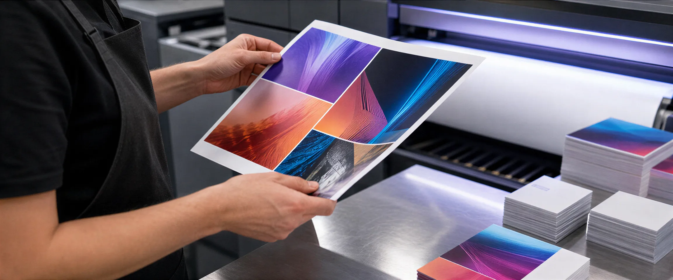 Ein Drucktechniker prüft sorgfältig eine frisch gedruckte Hochglanzbroschüre an einer modernen Digitaldruckmaschine.