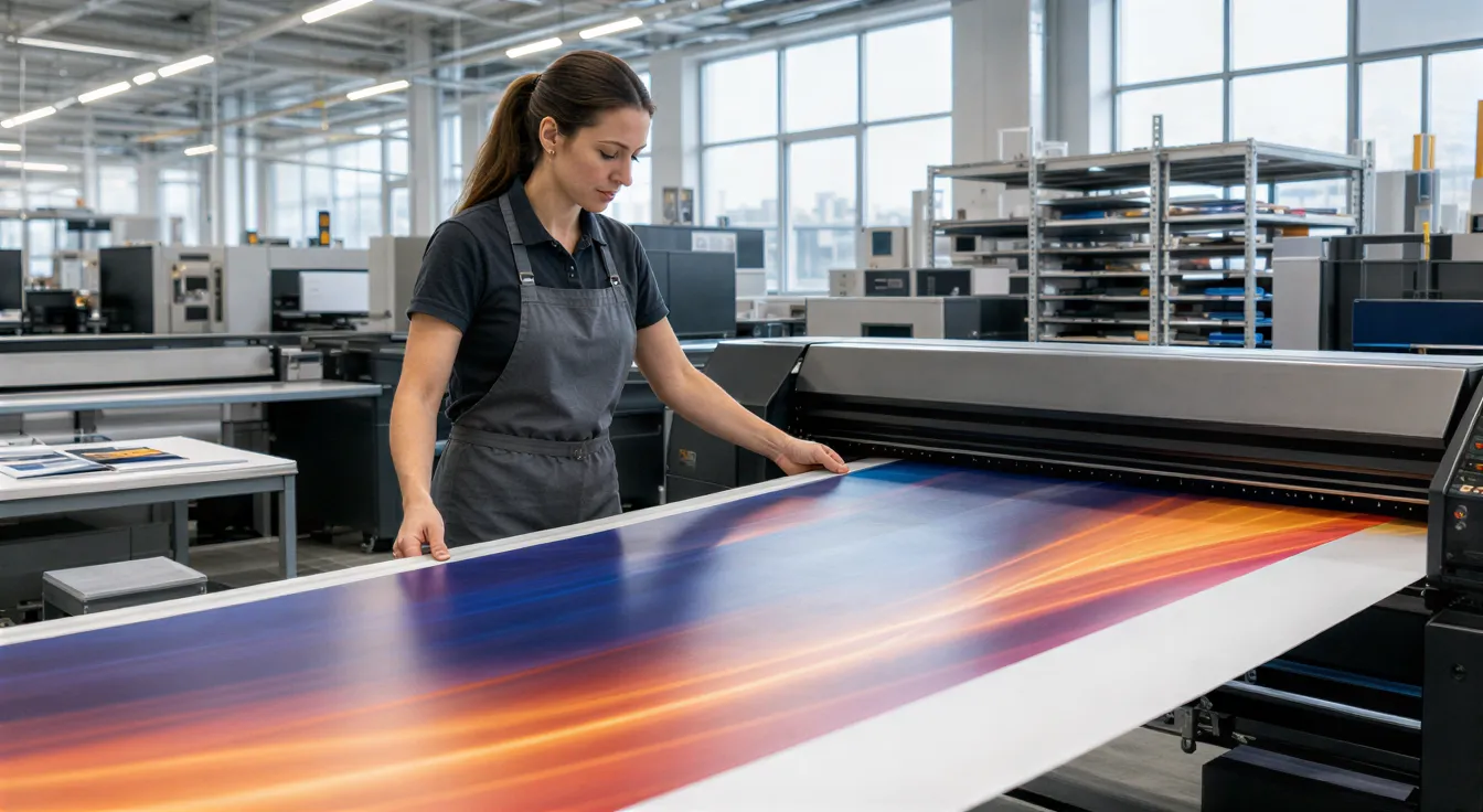 Eine Drucktechnikerin prüft ein frisch gedrucktes, farbenfrohes Banner in einer modernen Druckwerkstatt.