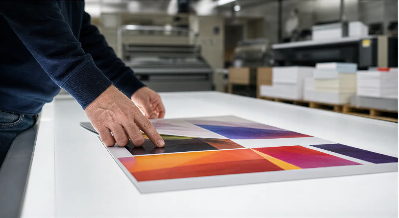 Die Hände eines Handwerkers richten ein farbenfrohes Flugblatt auf einem großen Lichttisch in einer modernen Druckerei aus.