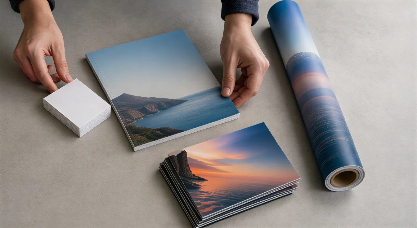 Hände arrangieren bedruckte Marketingmaterialien wie Visitenkarten, Broschüren und Flyer auf einem minimalistischen Tisch.