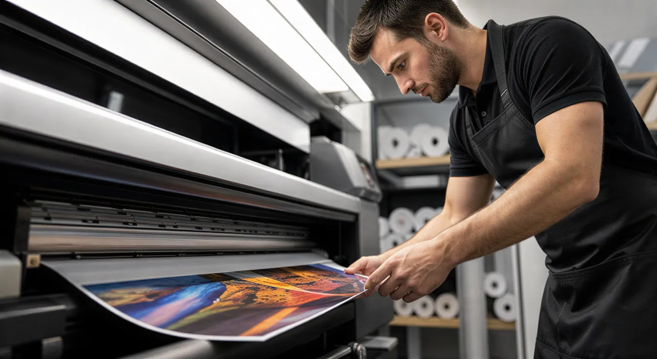 Eine Fachkraft prüft ein hochglänzendes Flugblatt an einem modernen Großformatdrucker in einer sauberen Druckerei.