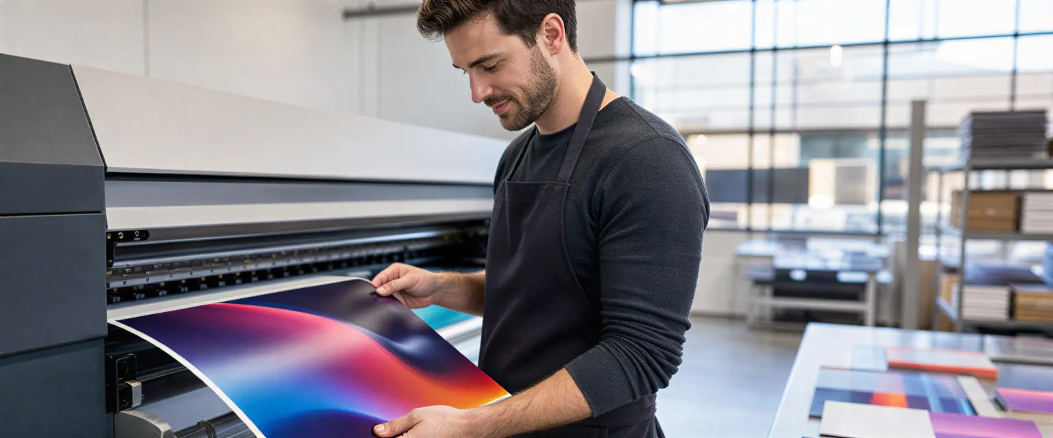 Ein Drucktechniker prüft ein frisch gedrucktes, farbenfrohes Flugblatt an einer modernen Druckmaschine.