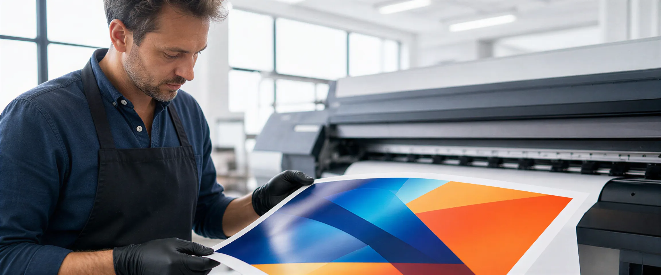 Ein Drucktechniker prüft mit Handschuhen ein farbenfrohes, geometrisches Flugblatt an einem Großformatdrucker.