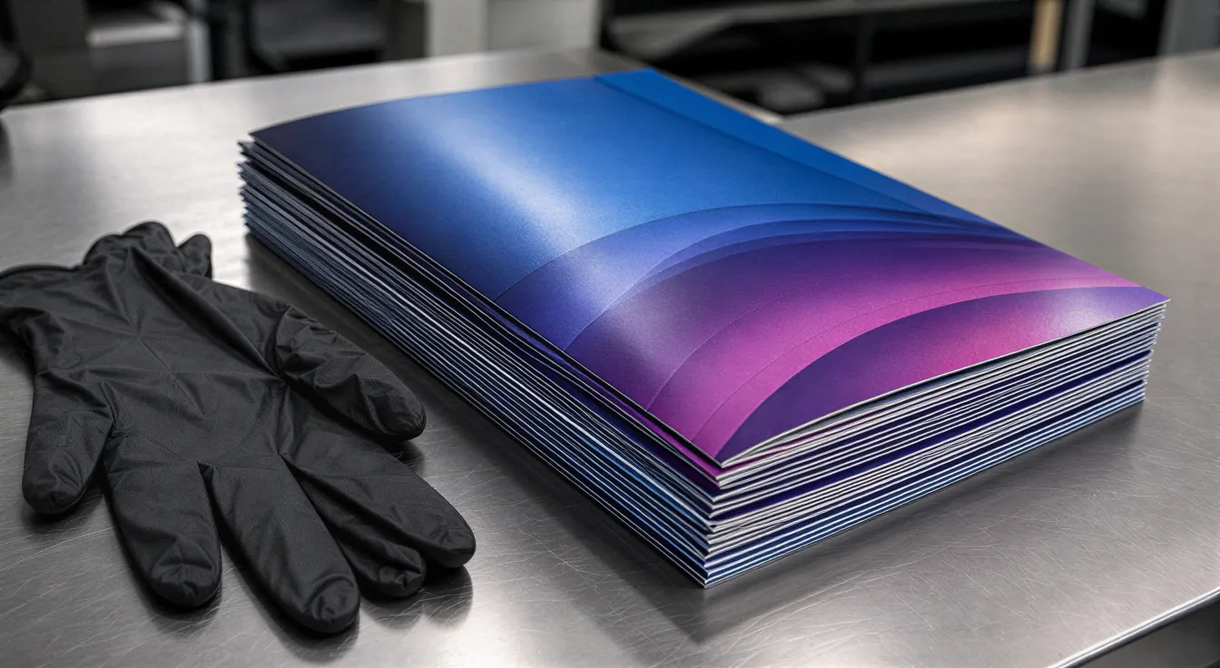 Ein Stapel frisch gedruckter Hochglanzbroschüren liegt auf einem Edelstahltisch mit schwarzen Handschuhen daneben.