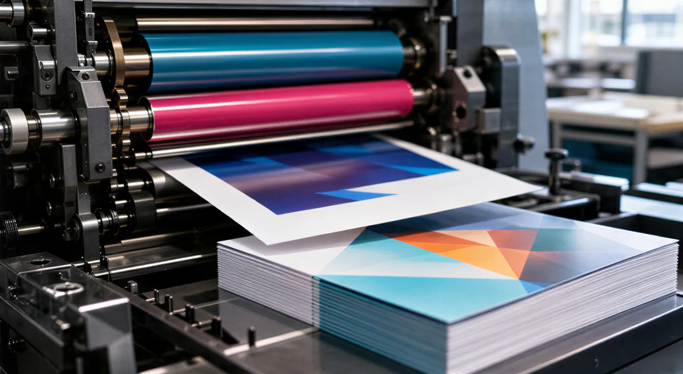 Eine moderne Druckmaschine druckt ein weißes Flugblatt, während farbige Tinte auf den Walzen glänzt.