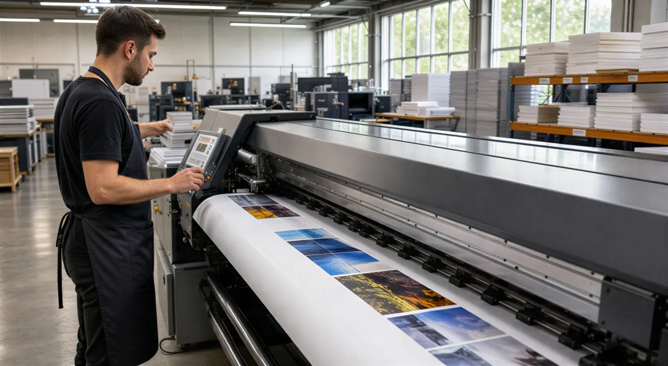 Ein Drucker in einer modernen Druckerei stellt eine große Druckmaschine ein, während Papier mit farbigen Drucken durchläuft.