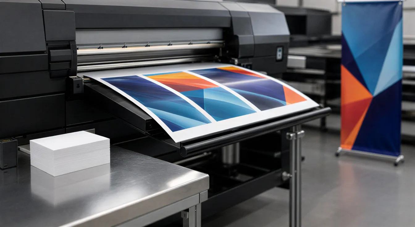 Eine moderne Druckmaschine druckt farbenfrohe Flyer in einer sauberen und organisierten Druckereiwerkstatt.