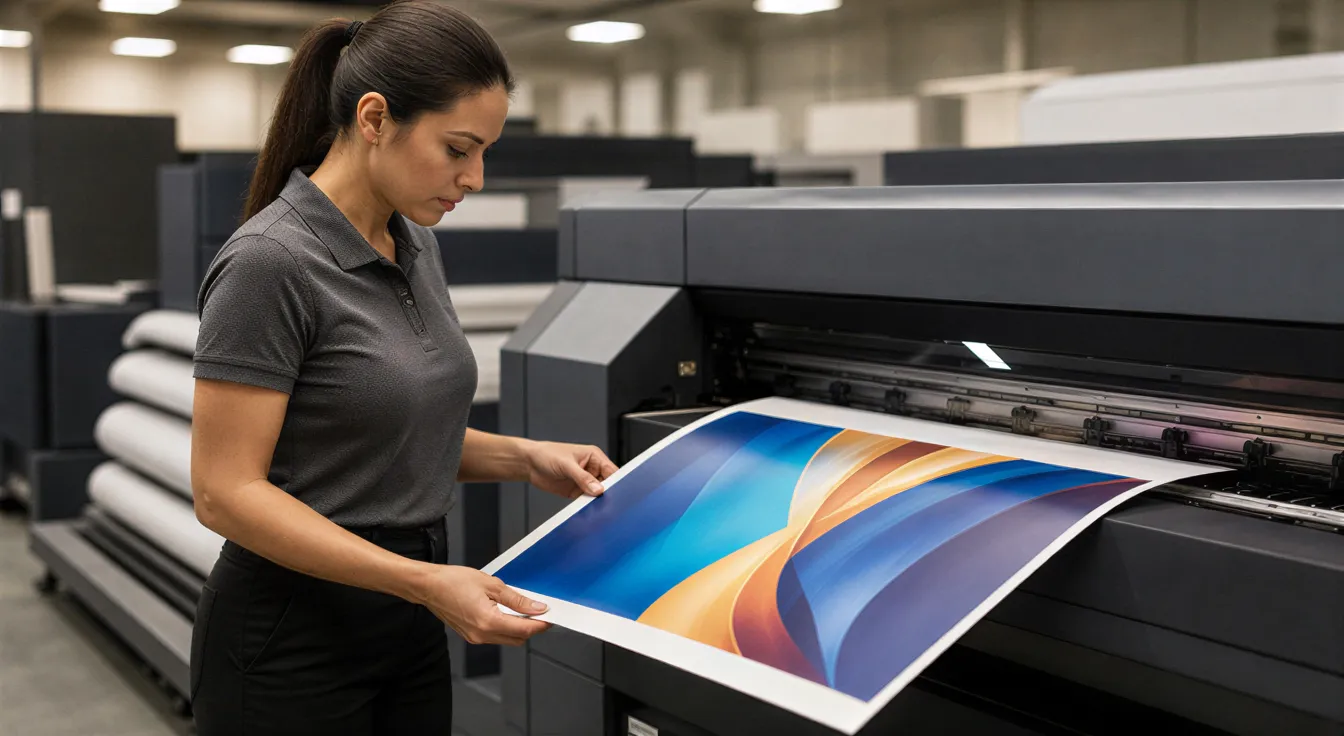Eine Fachkraft prüft eine farbenfrohe Broschüre an einem Großformat-Digitaldrucker in einer sauberen Druckerei.