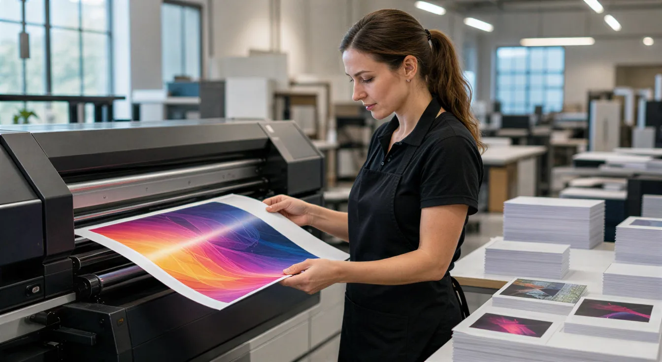 Eine Drucktechnikerin prüft ein farbenfrohes, glänzendes Flugblatt an einem Großformatdrucker in einer sauberen Werkstatt.