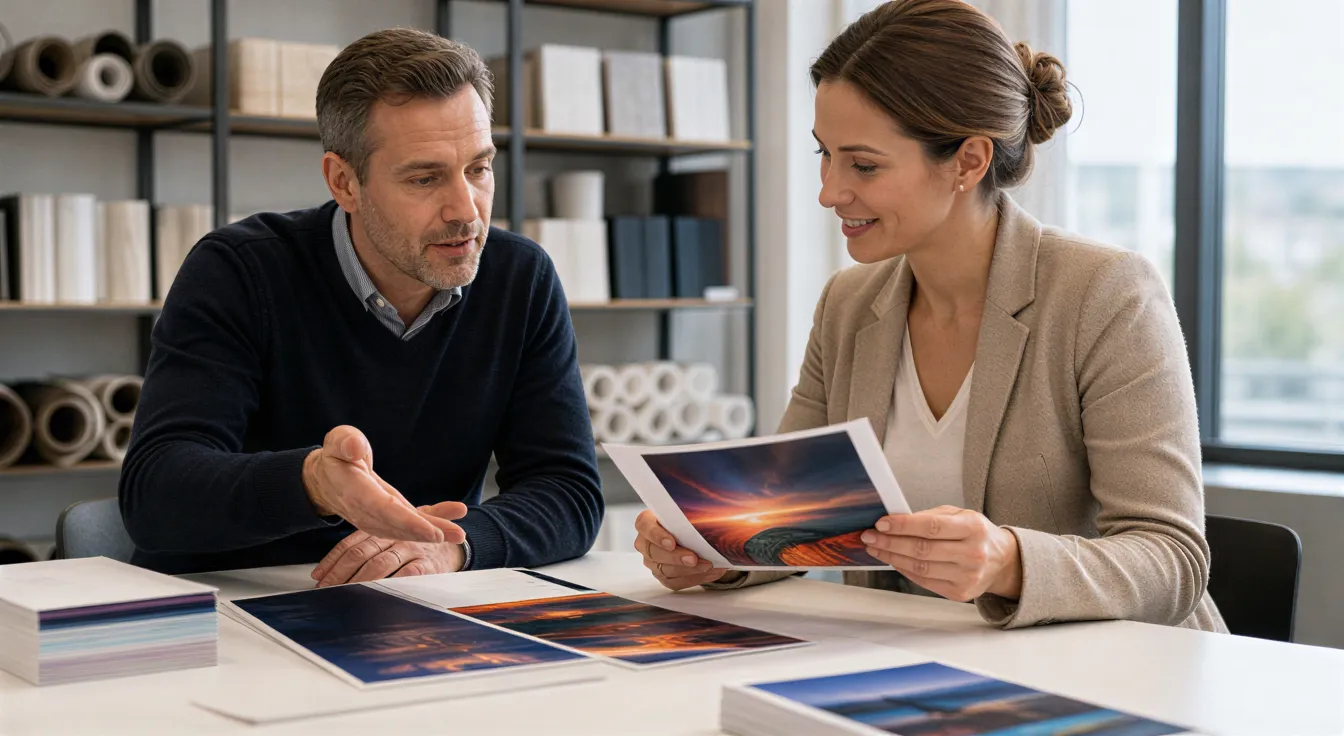 Ein Druckereimanager und ein Kunde besprechen hochwertige Druckproben an einem großen Arbeitstisch.