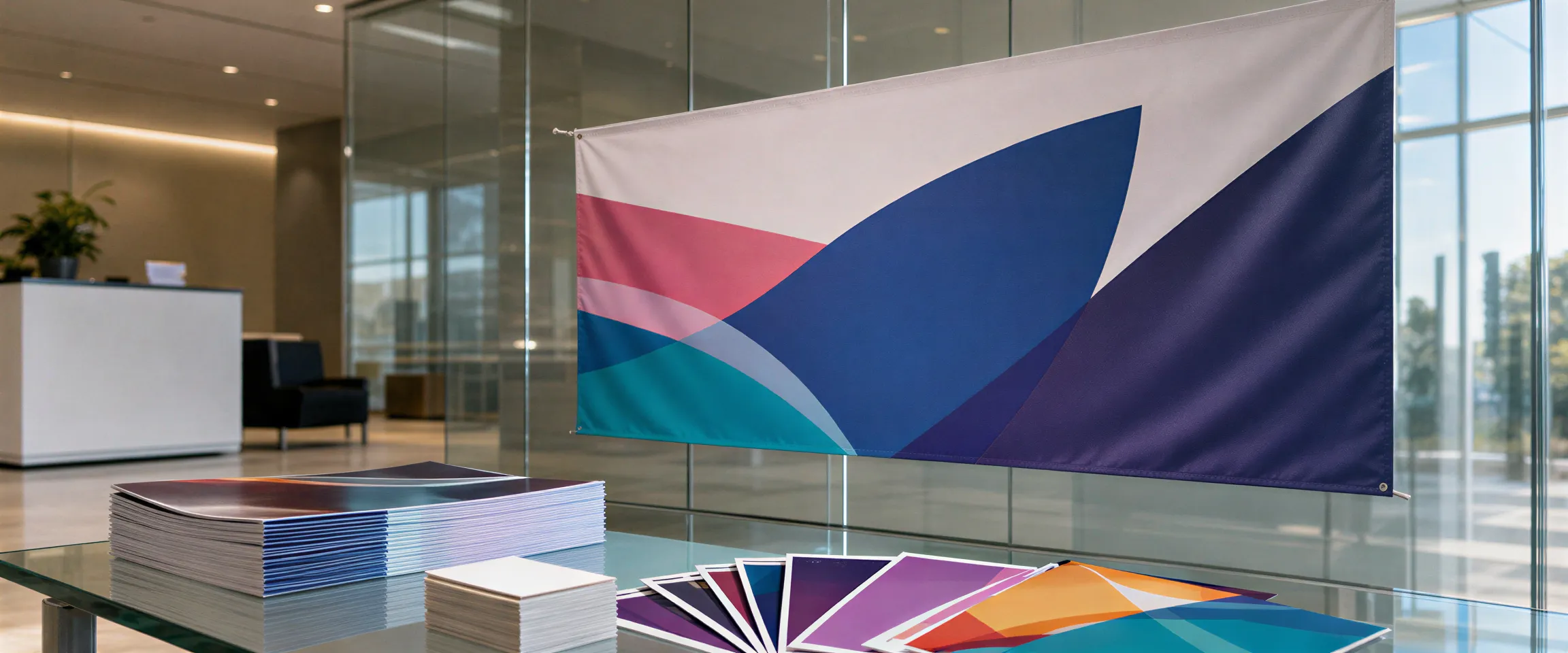 Ein modernes Büroempfang mit einer großen abstrakten Grafik an der Glaswand und gedruckten Materialien auf einem Glastisch.