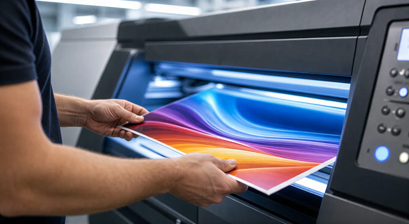 Ein Drucker prüft ein frisch gedrucktes, farbenfrohes Flugblatt an einer großen Digitaldruckmaschine.