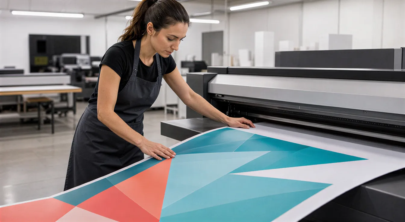Eine Drucktechnikerin in grauer Schürze führt einen farbigen Banner aus einem modernen Flachbettdrucker.