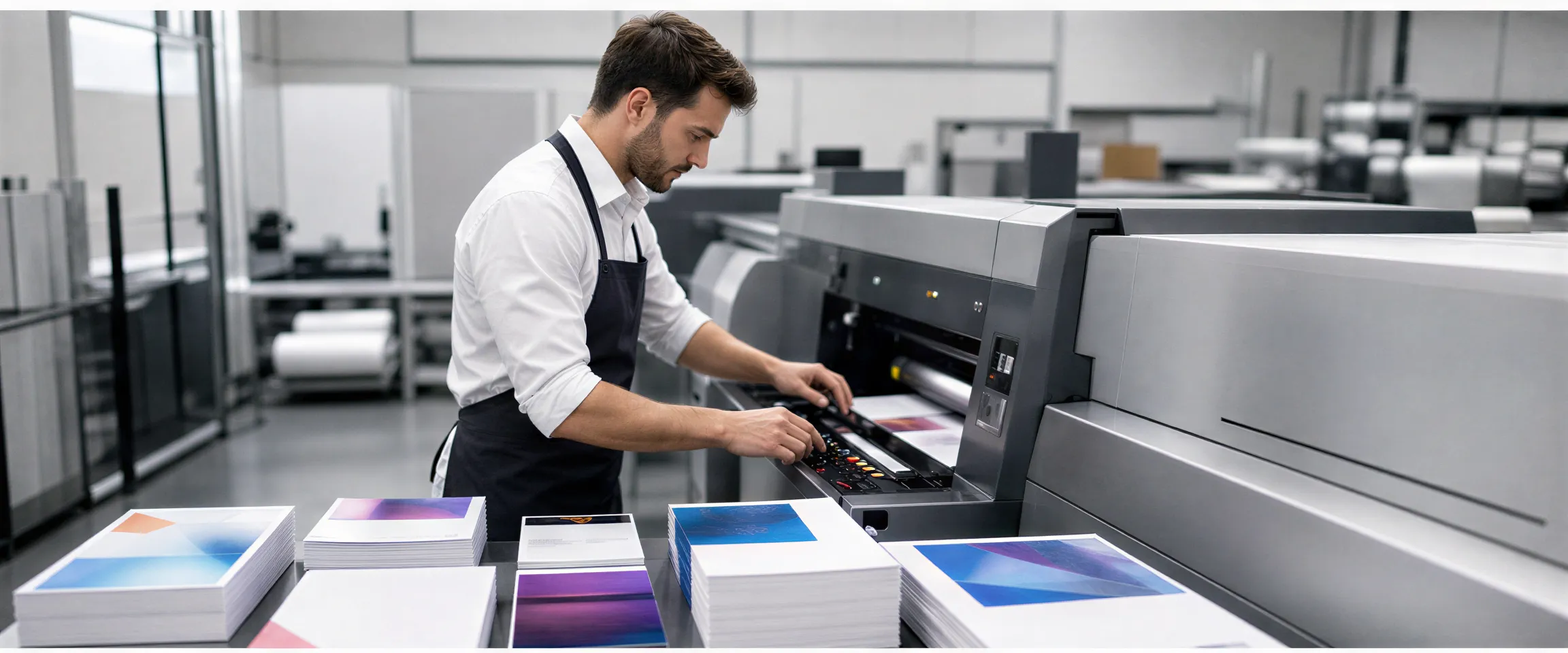 Ein Facharbeiter in einer modernen Druckerei bedient konzentriert eine große Druckmaschine, um farbige Flyer und Broschüren