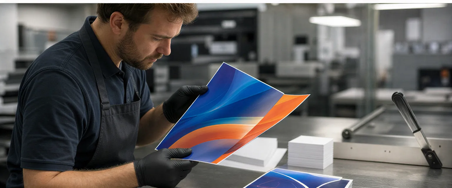 Ein Drucktechniker prüft sorgfältig eine farbenfrohe Broschüre an einem sauberen Arbeitstisch in einer modernen Druckerei.