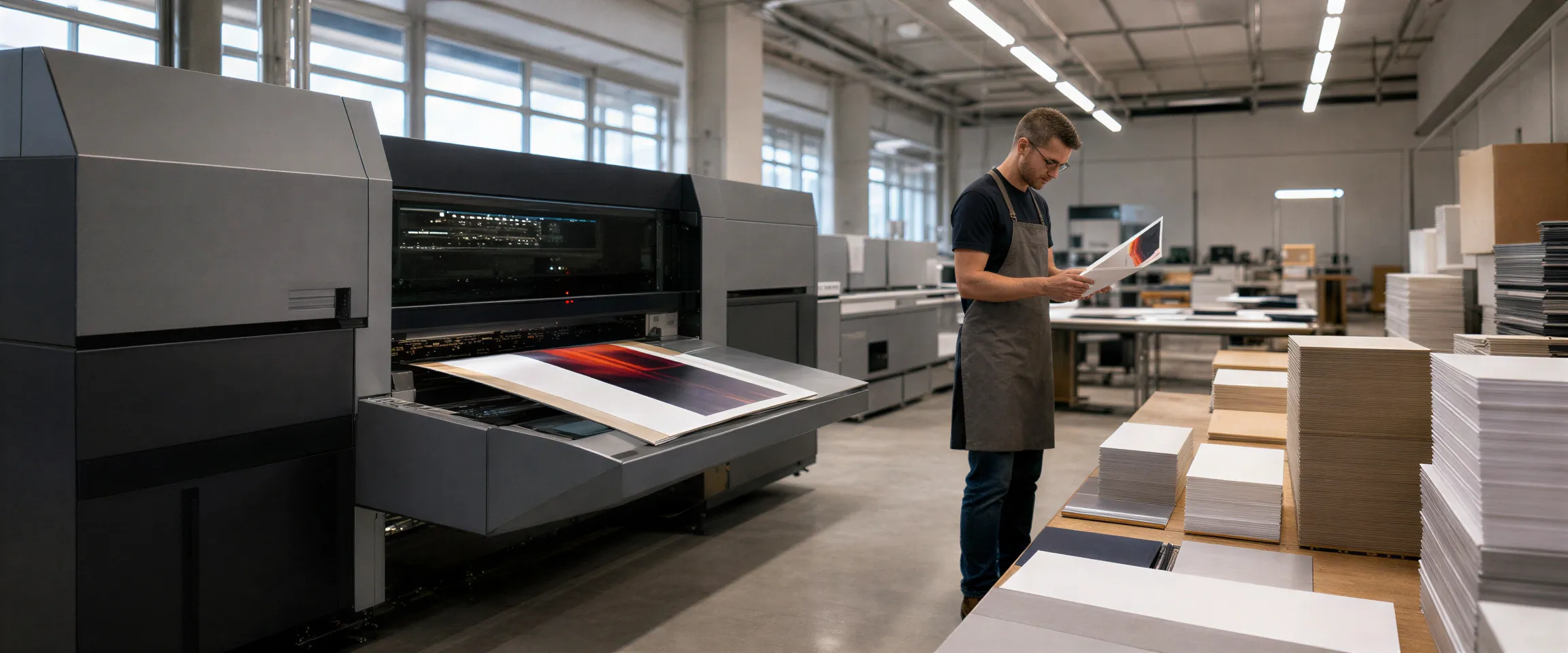 Eine moderne Druckmaschine druckt ein Blatt Papier in einer sauberen Werkstatt, während ein Arbeiter Broschüren prüft.