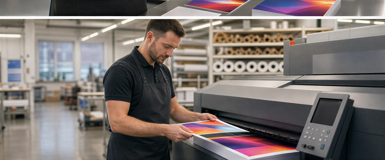 Ein Drucktechniker prüft frisch gedruckte, farbenfrohe Flyer an einer großen Digitaldruckmaschine in einer hellen Druckerei.