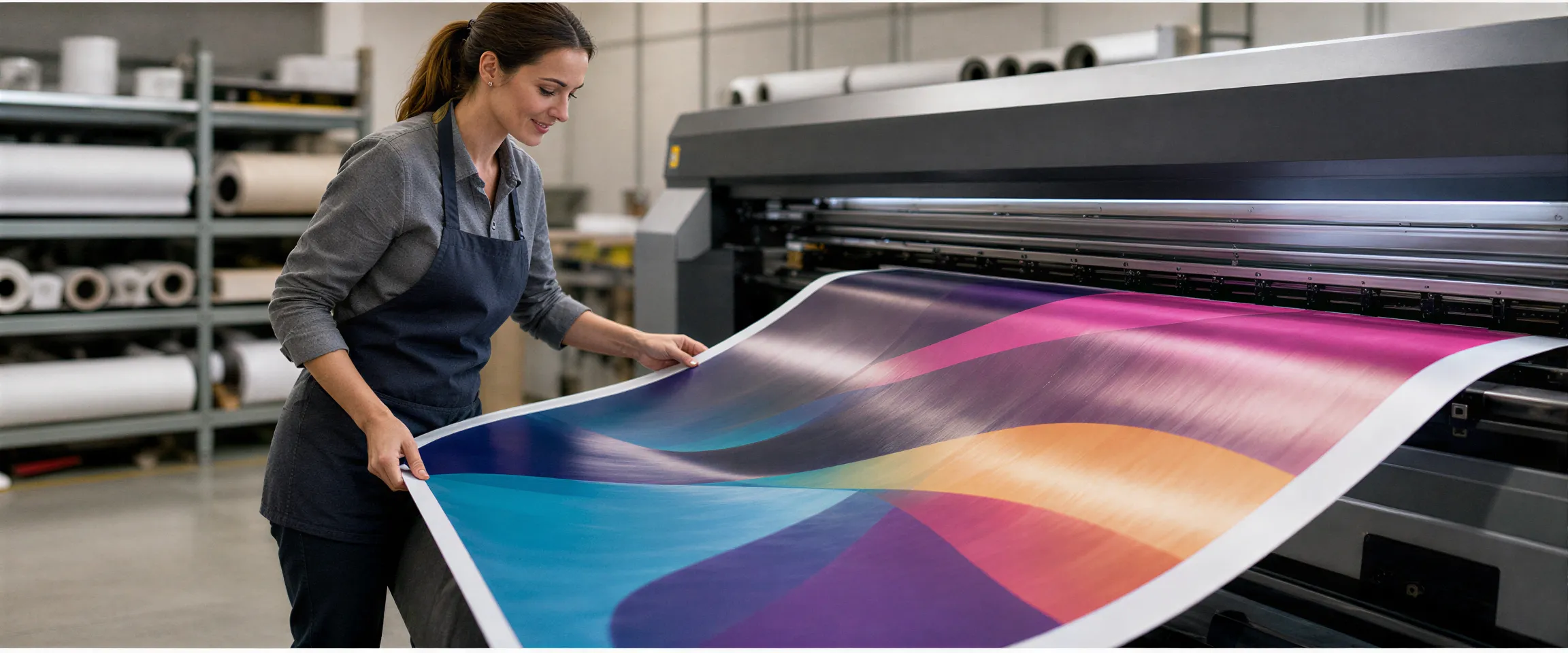Eine Drucktechnikerin prüft ein großes, farbenfrohes Banner an einem modernen Digitaldrucker in einer sauberen Werkstatt.