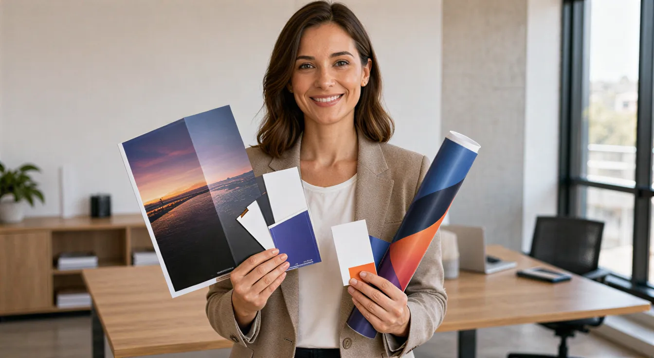 Eine Geschäftsfrau präsentiert hochwertige Marketingmaterialien an einem hellen Schreibtisch in einem modernen Büro.