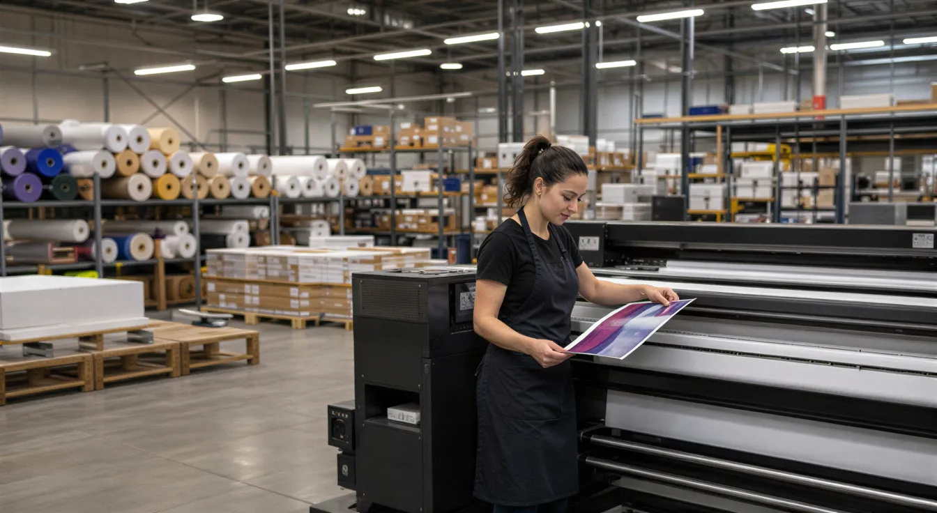 Eine Drucktechnikerin prüft ein farbiges Flugblatt an einer großen Digitaldruckmaschine in einer modernen Druckerei.