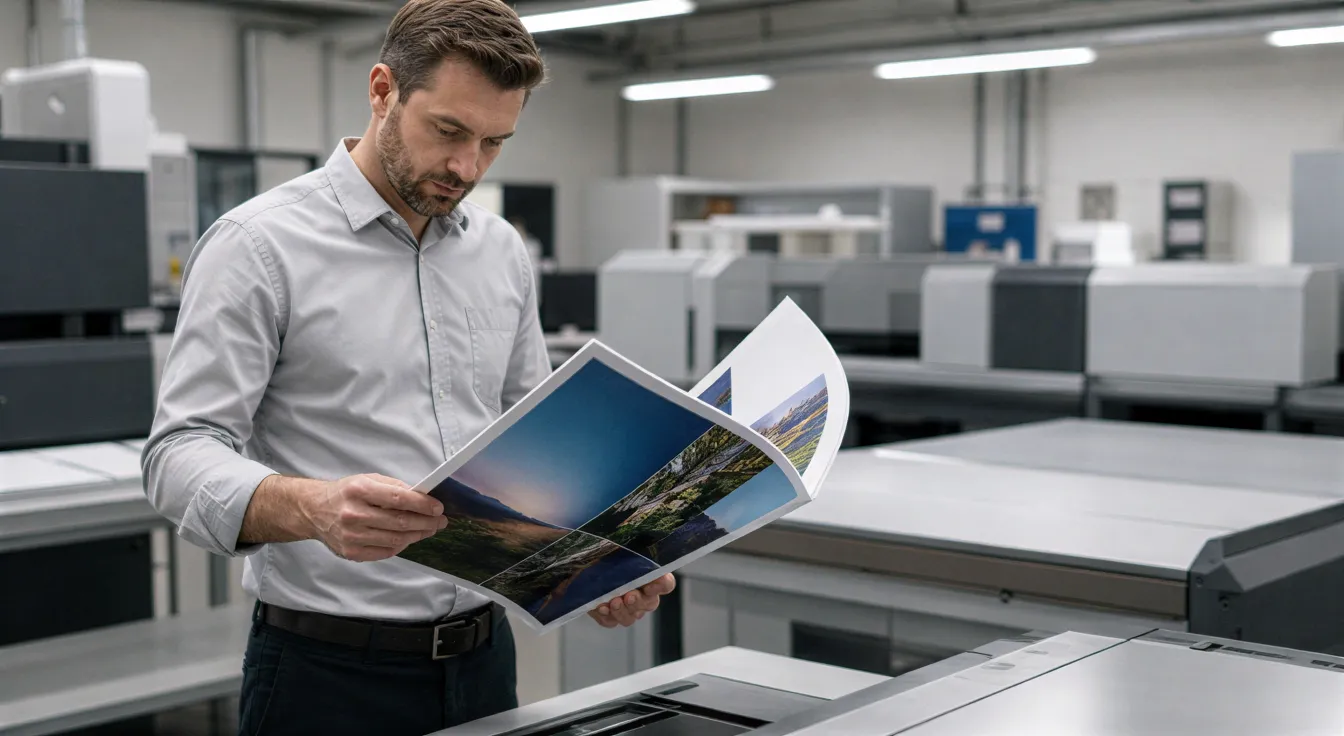 Drucktechniker prüft eine Broschüre an der Druckmaschine