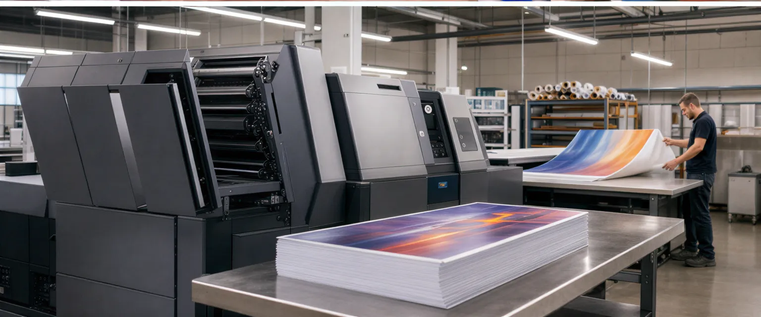 Eine moderne Druckmaschine in einer Druckerei in Stuttgart mit frisch gedruckten Flyern und einem Designer im Hintergrund.