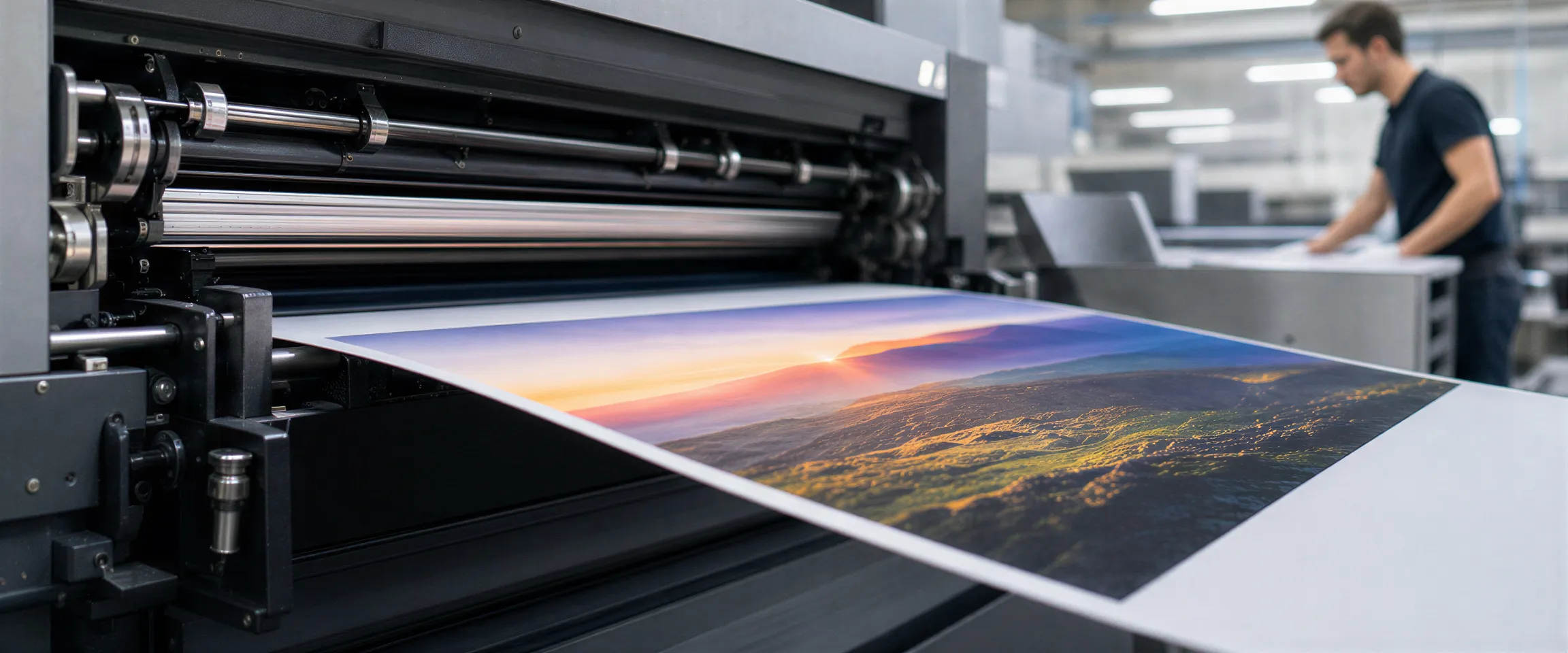 Eine Industriedruckmaschine druckt eine farbenfrohe Broschüre auf dickes Papier, ein Techniker beobachtet den Vorgang.