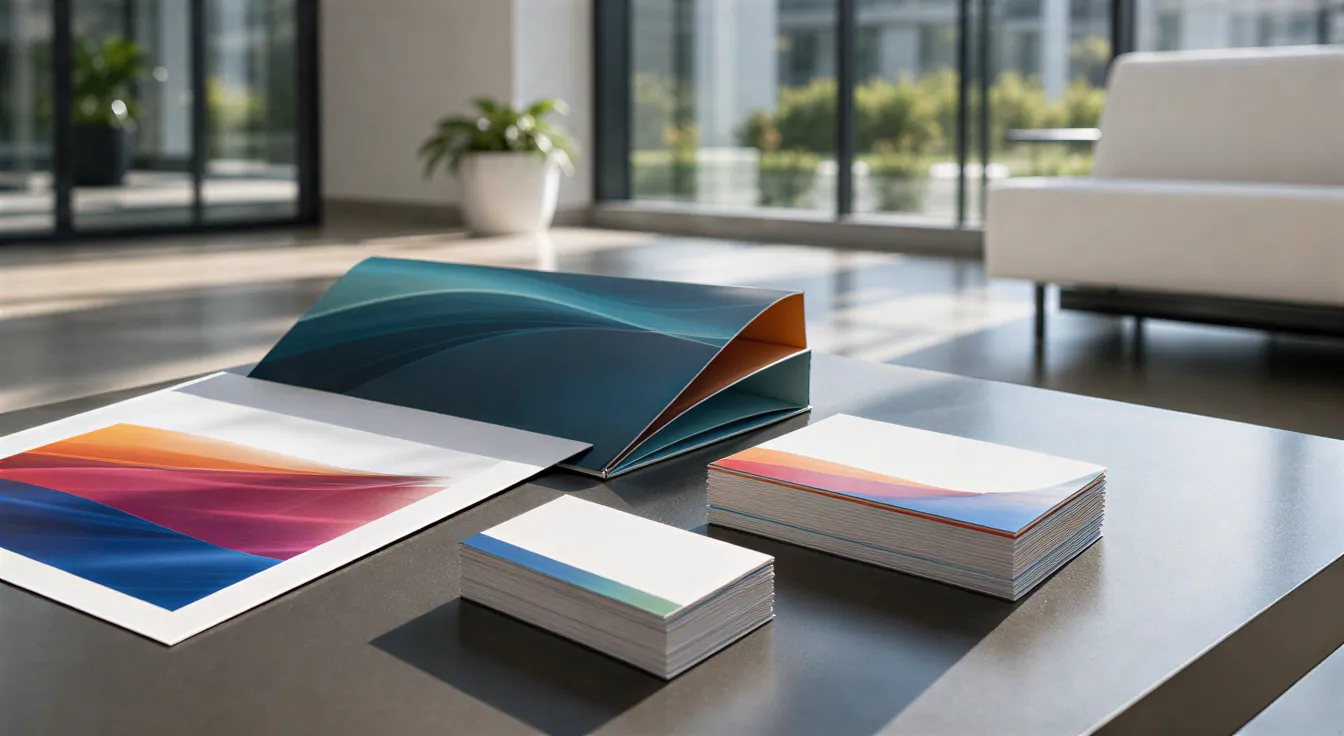 Frisch gedruckte Marketingmaterialien liegen auf einem polierten Tisch in einem minimalistischen Büroempfang.