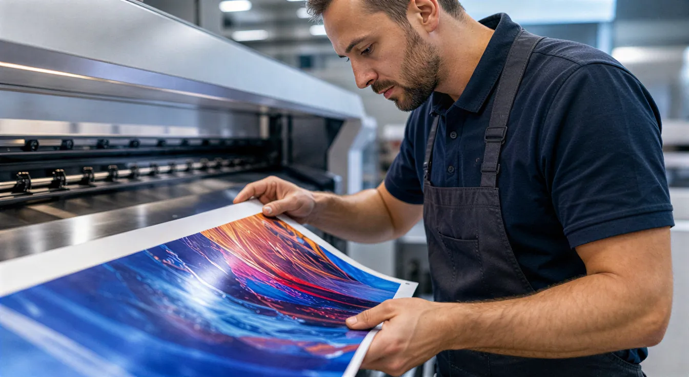 Ein Techniker in sauberer Arbeitskleidung prüft ein farbenfroh gedrucktes Flugblatt an einer modernen Druckmaschine.