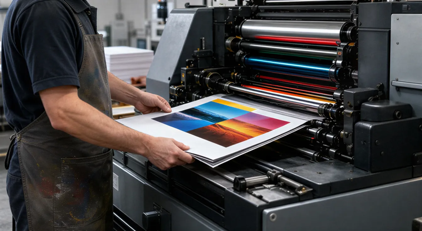 Ein Drucker in blauer Schürze prüft ein frisch bedrucktes Blatt an einer großen Offsetdruckmaschine.