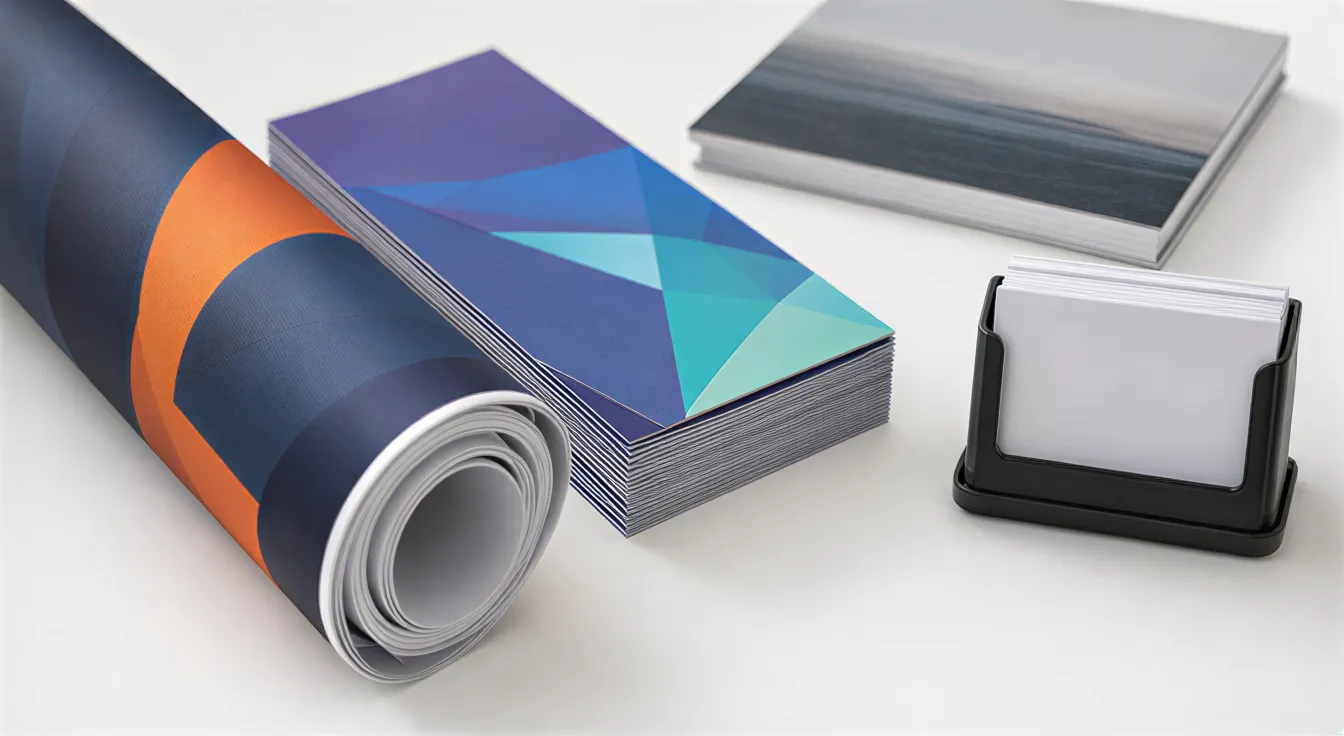 Hochwertige Marketingmaterialien auf weißem Tisch: Flyer, Visitenkarten, Banner und Broschüre