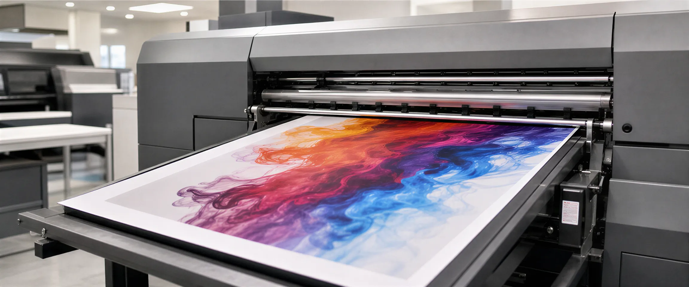 Eine moderne Druckmaschine druckt ein farbenfrohes Poster in einer hellen, minimalistischen Werkstatt.